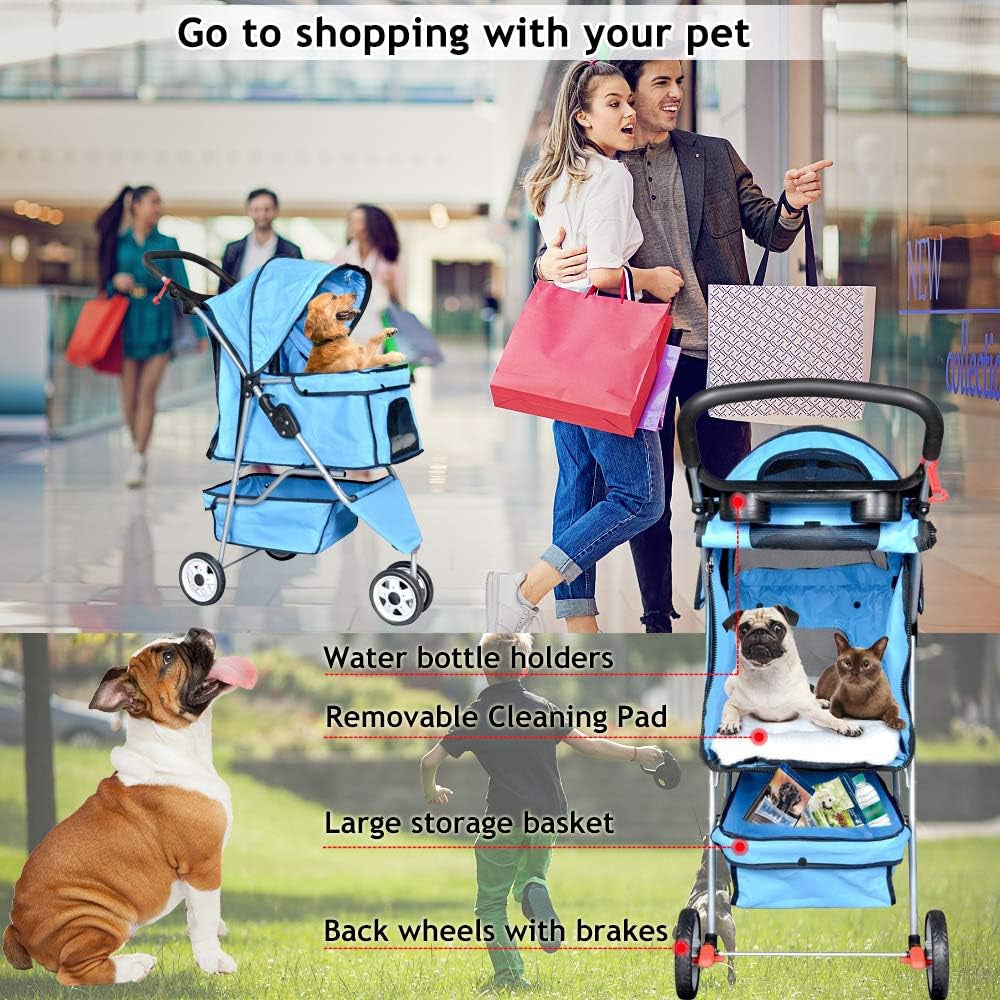 Pet Stroller Joggers Cat Dog Cage 3 Wheel Travel Folding Carriage Strollers with Cup Holder and Removable Pad