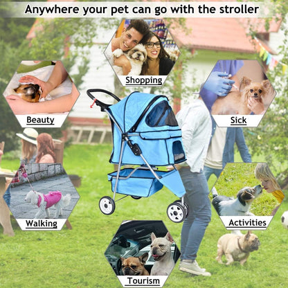 Pet Stroller Joggers Cat Dog Cage 3 Wheel Travel Folding Carriage Strollers with Cup Holder and Removable Pad